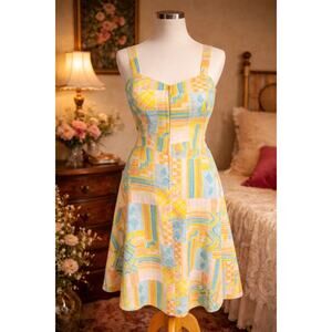 70s Vintage Emma Swim Sundress Patchwork Print Sun Dress Mod Zip Front Dress - L